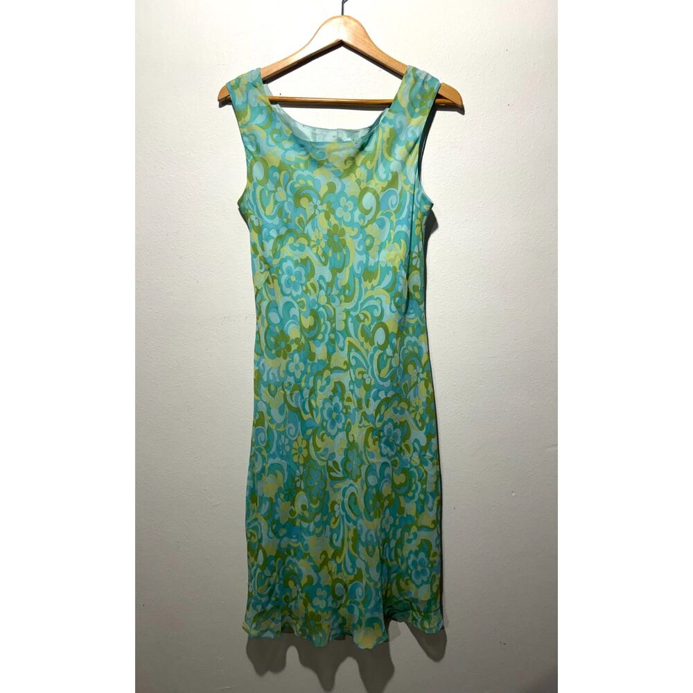 Maggy London 100% silk dress Y2K green floral spring summer festive women 14
